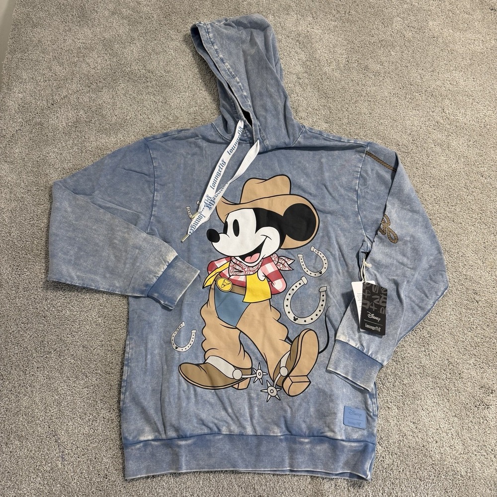 Loungefly Disney Western Mickey Mouse Unisex Hoodie Sz S Blue Cowboy Sweatshirt